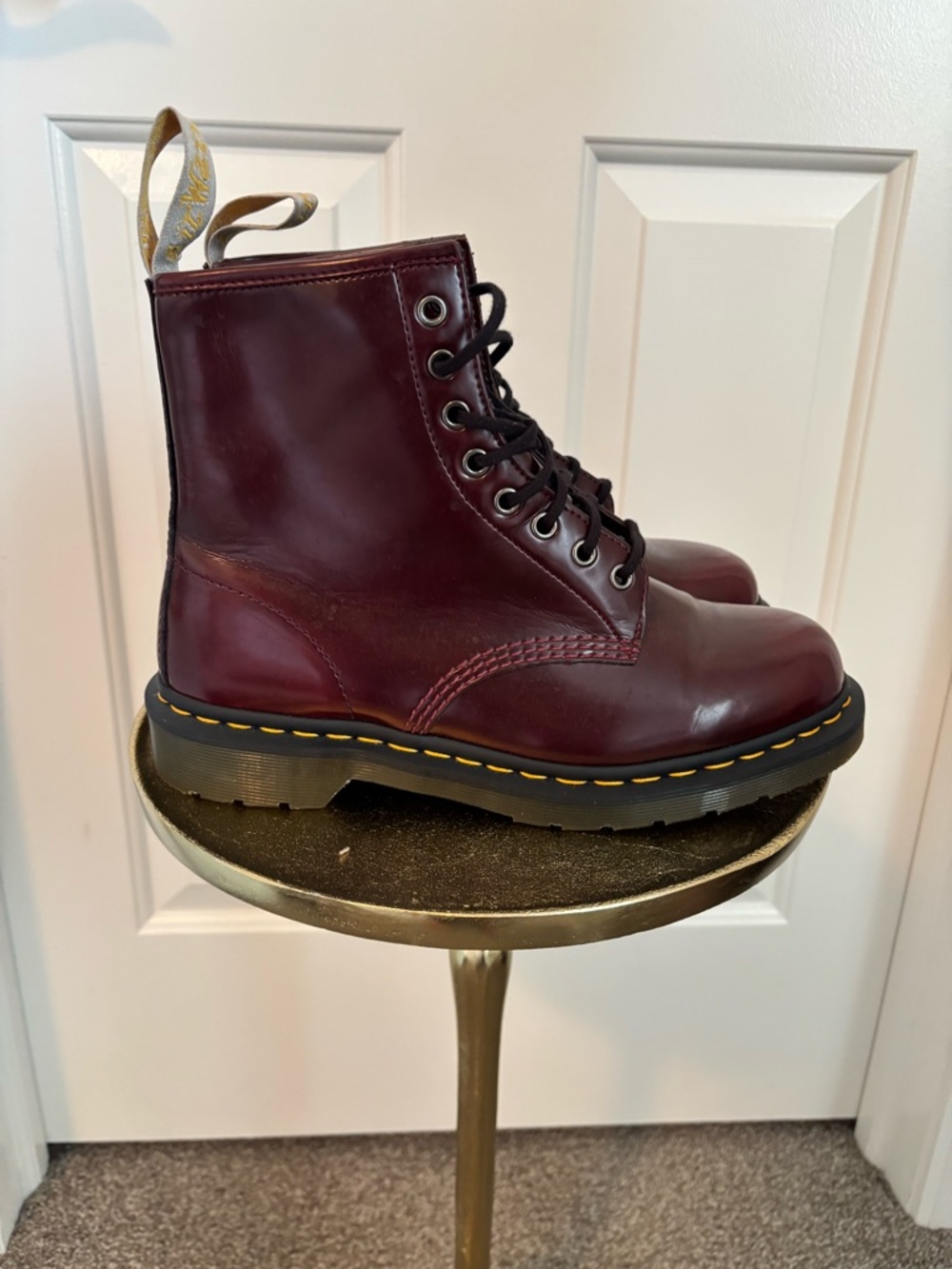Dr. Martens 8-Eye Boot in Burgundy Leather with Yellow Stitching